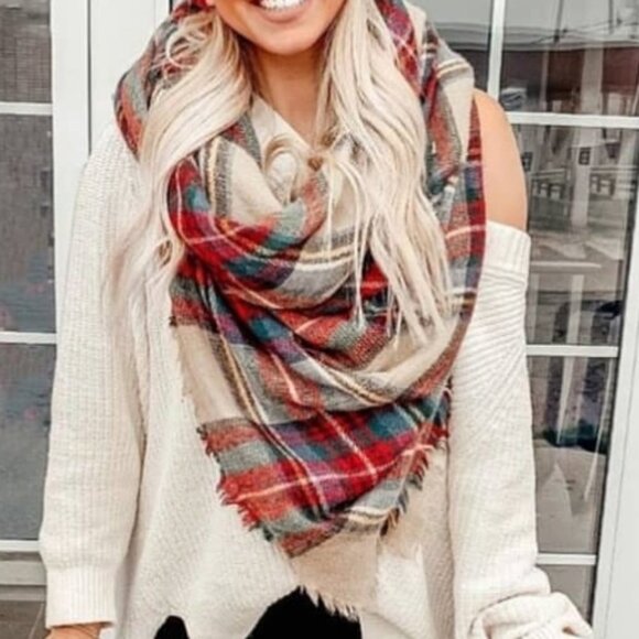 TAN Plaid Printed Oversized fall winter scarf - Picture 4 of 8